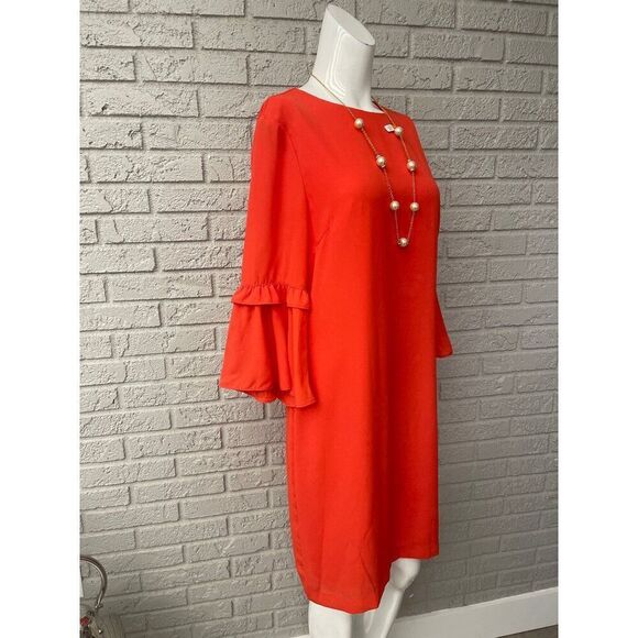 Banana Republic Women Red 3/4 Length Ruffle Sleeve Shift Dress Size 8 - Picture 3 of 8